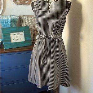 LOFT Black & White vertical Striped Sleeveless belted Dress size 12